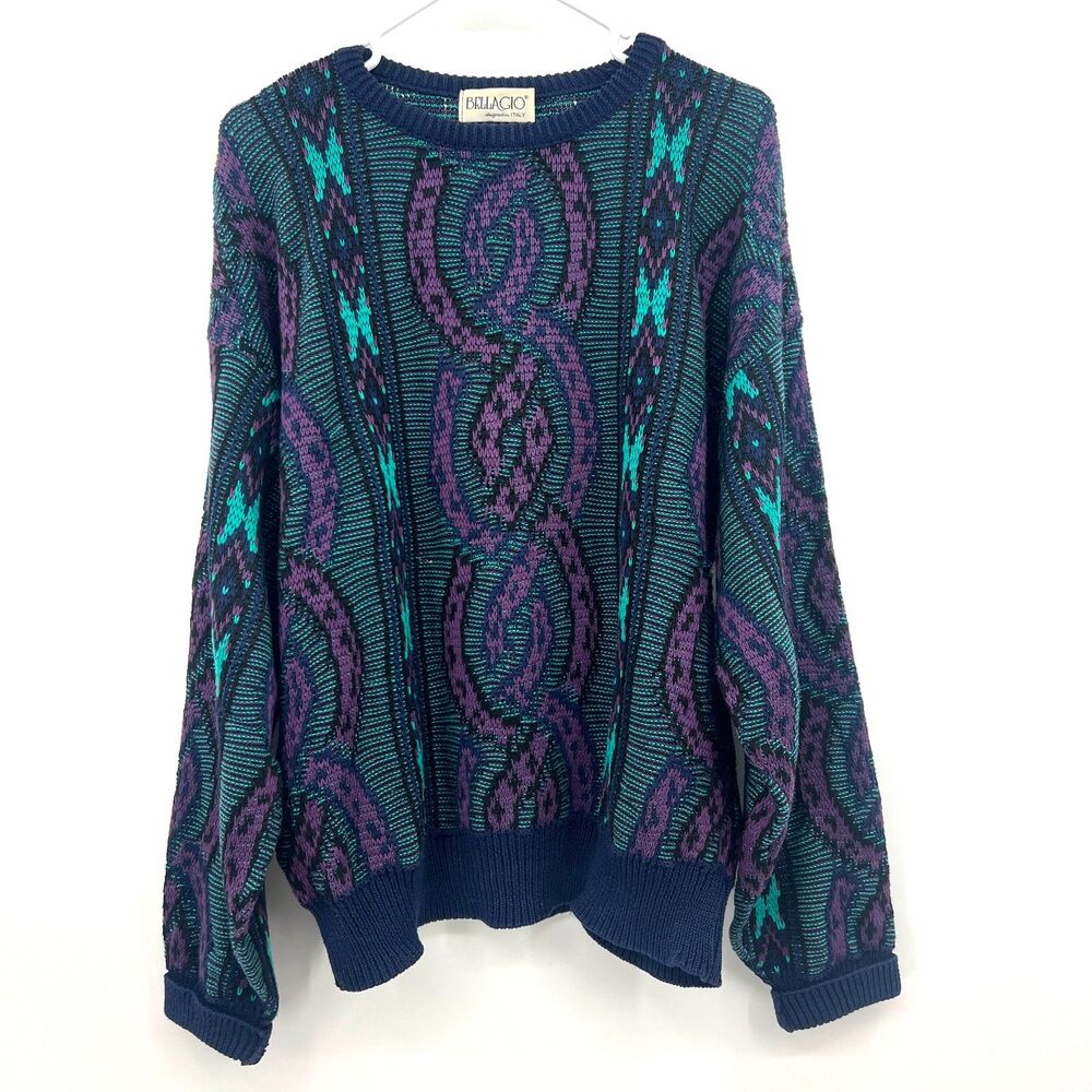 Vintage Bellagio Cosby Style Sweater Mens L Textured Knit Teal Purple Italy